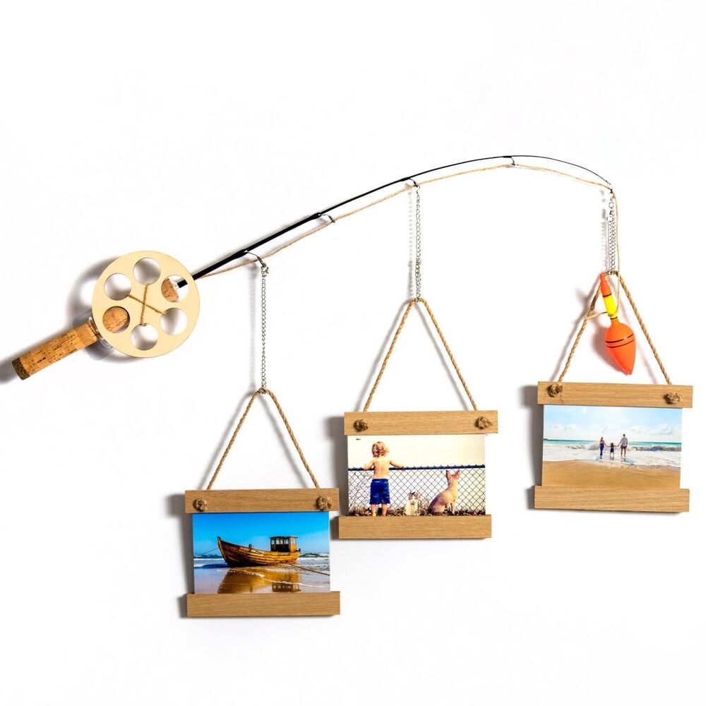 9612 Wood Fishing Pole Wall Decor with 3 4”X4” Frames, Wall Decor